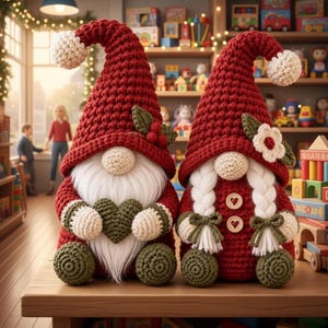 May include: Two crocheted gnomes with red pointed hats, white beards and braids, and green accents. One gnome holds a green heart, while the other features two wooden heart-shaped buttons on its red body and a white flower on its hat.