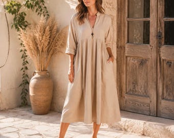Robe longue femme ample à col V, robe bohème fluide avec poches et manches trois-quarts, tenue décontractée