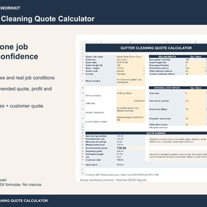 May include: A digital Gutter Cleaning Quote Calculator spreadsheet template. The interface displays sections for selling inputs, internal cost inputs, and a quote summary with calculated fields for job pricing, profit, and margin estimates.