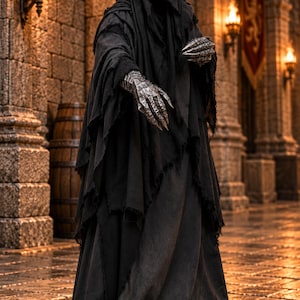 May include: A hooded black robe with frayed edges and long, layered fabric panels. The figure wears metallic, articulated gauntlets with sharp, pointed fingers that extend from the sleeves. The garment is dark, textured, and floor-length.