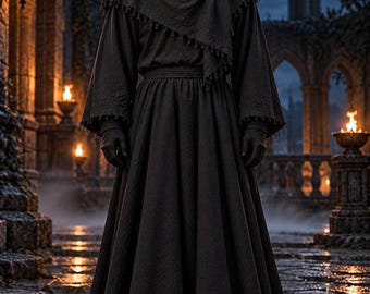 Retro Hooded Scarf & Vintage Medieval Cape – Black and Brown, Unisex Winter Cosplay Costume