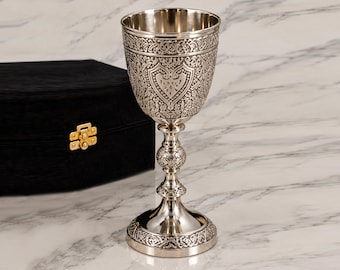 Copa de plata personalizada, cáliz de boda grabado, monograma personalizado (220 ml)