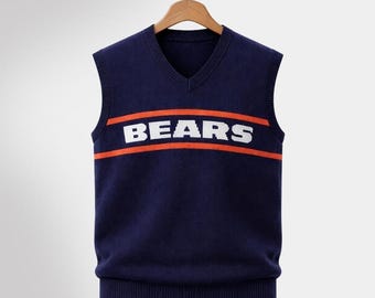 Hand-Knit Navy Bears Sweater Vest – Retro Striped Game Day Knitwear