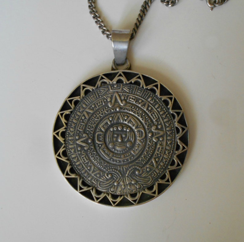 Huge Mayan Calendar Pendant Necklace Mexican Sterling Silver Etsy