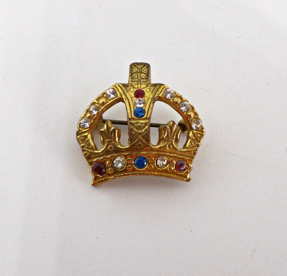 Vintage Crown Brooch Pin With Rhinestones Gold Tone Signed Etsy