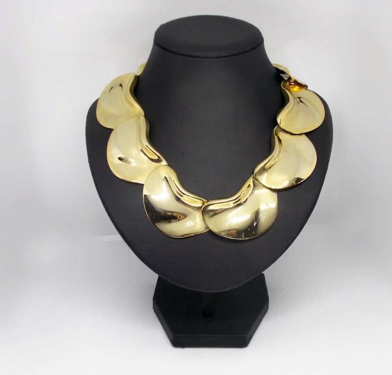 Vintage Modernist Statement Necklace Choker Crumpled Wrinkled Gold Tone with BONUS Earrings