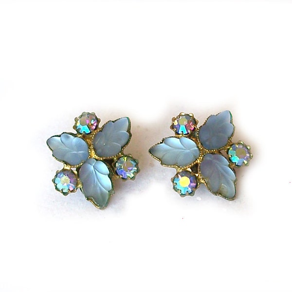 Vintage Blue Glass Leaves Aurora Borealis Rhinestone Earrings Gold Tone Clip on