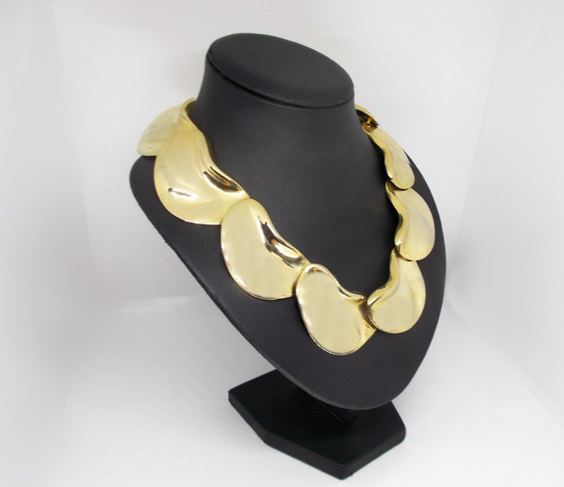 Vintage Modernist Statement Necklace Choker Crumpled Wrinkled Gold Tone with BONUS Earrings