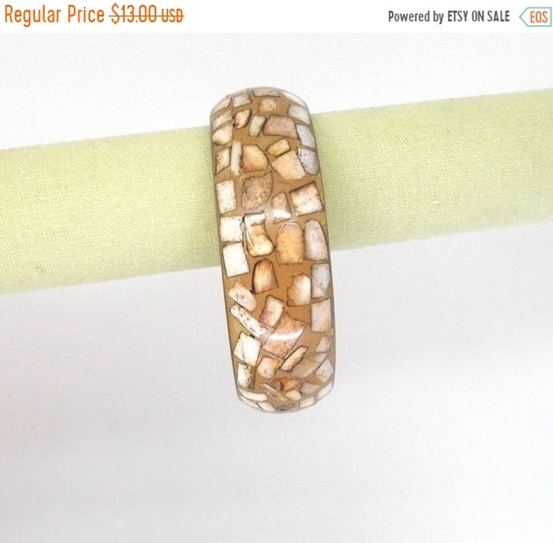 Wide Chunky Vintage Brass Bangle Bracelet with inlaid Beige Neutral colored Stone Shell Chips CIJ