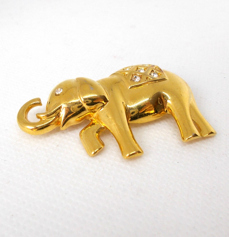 Vintage MONET Elephant Brooch Pin Clear Rhinestones signed Gold Tone