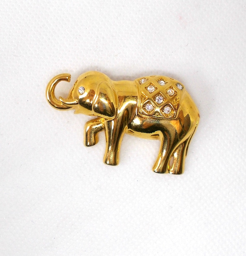 Vintage MONET Elephant Brooch Pin Clear Rhinestones signed Gold Tone