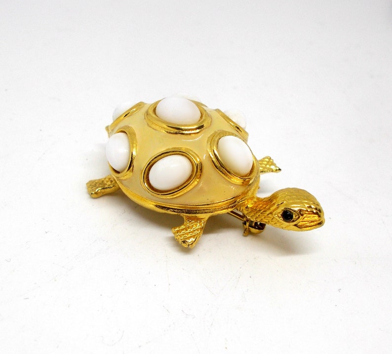 Vintage D/'orlan Enamel Milk Stone Cabochons Turtle Brooch Gold Tone