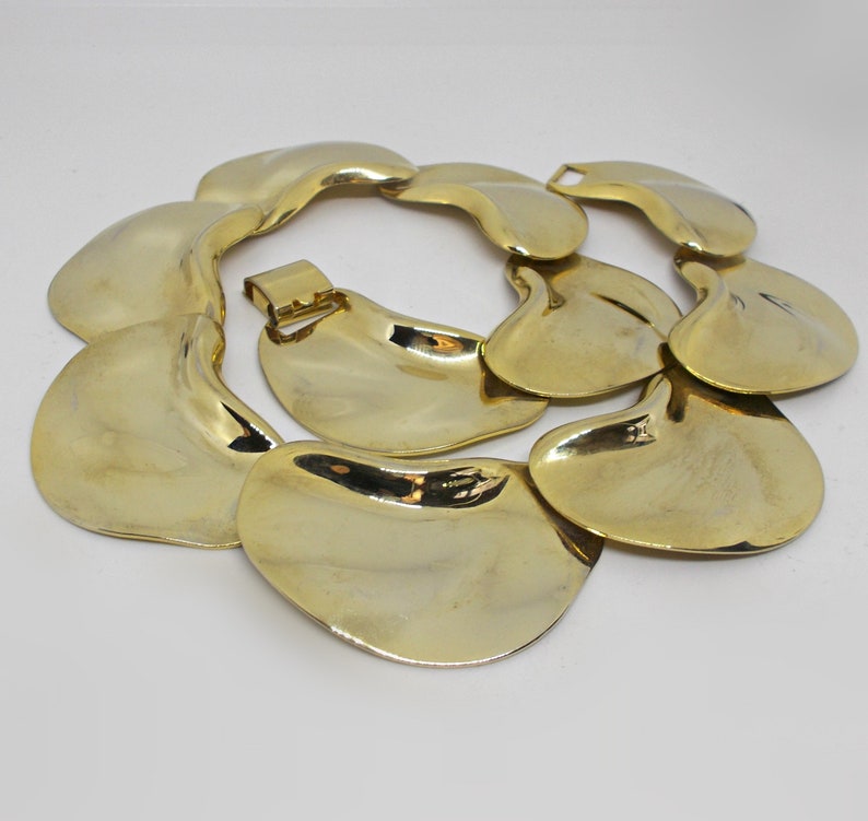 Vintage Modernist Statement Necklace Choker Crumpled Wrinkled Gold Tone with BONUS Earrings