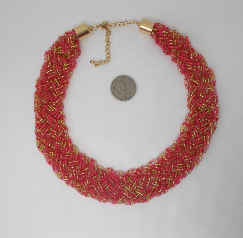Gold and Clear CIJ Wide Seed Bead Collar Choker Necklace Coral Pink