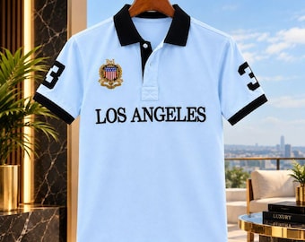 Sky Blue Los Angeles Polo Shirt, Black Collar, Streetwear Style (Gift for Him)