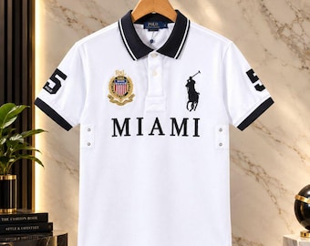 Men's White Miami Polo Shirt, Graphic Print, Short Sleeve Casual Top