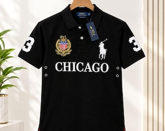 Black Chicago Polo Shirt, Embroidered Graphic, Streetwear Style Top