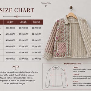 May include: A size chart for a quilted jacket featuring a floral patchwork pattern on one side and a striped pattern on the reverse. The chart lists chest, length, and sleeve measurements in inches for sizes small through 3XL, with a measuring guide.