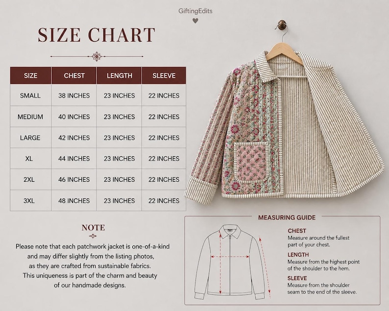 May include: A size chart for a quilted jacket featuring a floral patchwork pattern on one side and a striped pattern on the reverse. The chart lists chest, length, and sleeve measurements in inches for sizes small through 3XL, with a measuring guide.