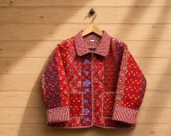 Handmade Quilted Patchwork Jacket, Red Floral Kantha, Reversible Cotton Boho Jacket