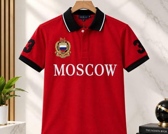 Men's Red Moscow Polo Shirt, Embroidered Graphic, Streetwear Style Top
