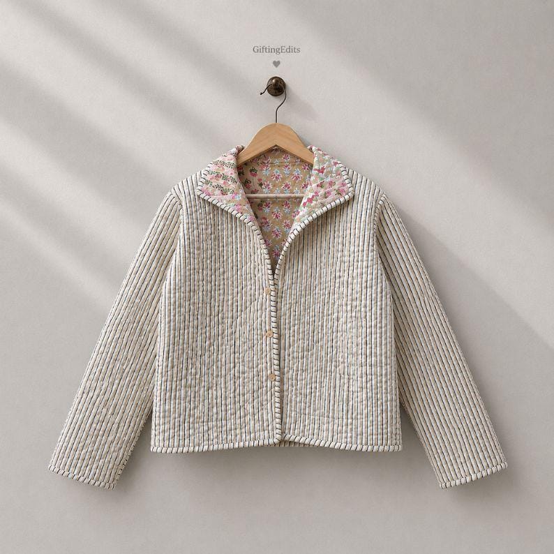 May include: A quilted jacket featuring a cream and dark blue vertical pinstripe pattern on the exterior. The interior lining and the wide collar display a floral print with pink, blue, and green flowers on a tan background. Three buttons close the front.