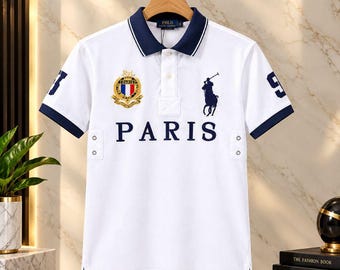 Men's White Paris Polo Shirt, Navy Blue Graphic, Short Sleeve Casual Top