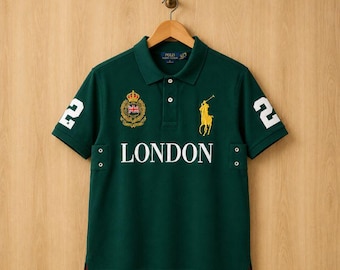 Green Polo Shirt, Printed Graphic, London Style, Casual Streetwear Top