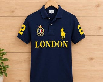 Men's Navy Polo Shirt, London Graphic, Yellow Sleeve, Casual Summer Top