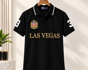 Men's Black Las Vegas Graphic Polo Shirt, Embroidered Style, Casual Summer Wear