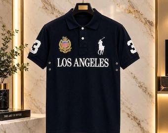 Men's Los Angeles Graphic Polo Shirt, Streetwear Casual Top