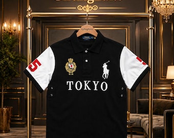 Men's Black Tokyo Polo Shirt, Streetwear Graphic Print, Casual Sporty Top