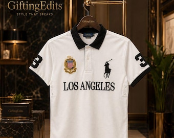 Men's White Polo Shirt, Los Angeles Graphic, Black Collar, Streetwear Style