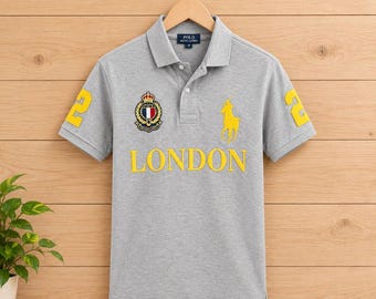 Men's Grey Polo Shirt, London Graphic Tee, Yellow Detail, Casual Summer Top