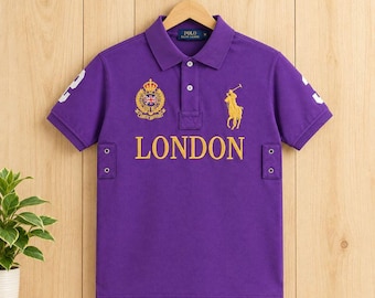 Men's Purple Polo Shirt, London Graphic, Yellow Detail, Casual Short Sleeve Top