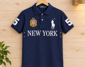 Men's Navy Polo Shirt, New York Graphic, Embroidered Style Top