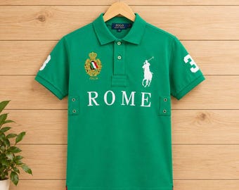 Men's Green Polo Shirt, Rome Graphic, Italian Style, Casual Short Sleeve Top