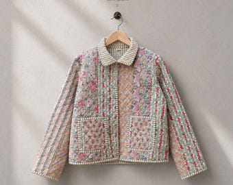 Handmade Quilted Floral Kantha Jacket, Reversible Cotton Coat, Boho Vintage Style