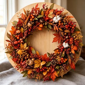 May include: A circular wreath featuring a vibrant mix of autumn-colored foliage, including orange, red, and yellow maple leaves, clusters of small red berries, dried seed pods, and white cotton bolls, all arranged on a smooth, light-toned wooden base.