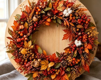 Handmade Fall Harvest Wreath, Rustic Berry Pumpkin Front Door Wreath, Thanksgiving Wall Hanging Decor, Autumn Housewarming Gift For Her