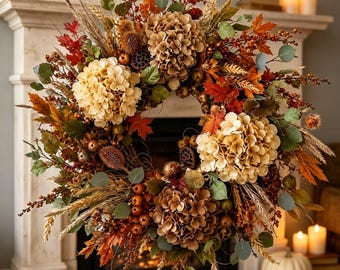 Hydrangea Fall Front Door Wreath, Maple Leaf & Berry Autumn Wreath, Farmhouse Harvest Wreath, Thanksgiving Wall Decor, Housewarming Gift
