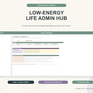 May include: An editable digital template titled Low-Energy Life Admin Hub, featuring a Today Dashboard spreadsheet interface with sections for daily tasks, action items, and a simple guide, presented in a muted green and white color scheme.