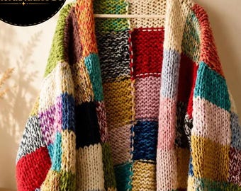 Handmade Patchwork Cardigan | Colorful Chunky Knit | Boho Festival Style