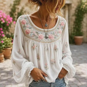 Op de afbeelding: Een witte blouse met lange mouwen en een ronde halslijn met gedetailleerd roze en groen bloemenborduursel. Het kledingstuk heeft geplooid materiaal bij de schouders en manchetten, wat zorgt voor een los, vloeiend silhouet met fijne kanten details.