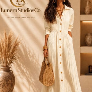 May include: A long-sleeved, floor-length cream-coloured button-down dress with a textured, pleated fabric finish, a collared neckline, and a cinched waist. The dress features a vertical row of brown buttons and is paired with a woven tan handbag.