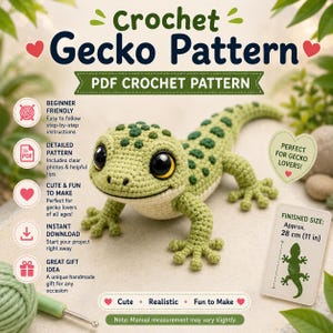 Virkmönster för nybörjare av geckoplysch, realistisk ödla-amigurumi (PDF-nedladdning)