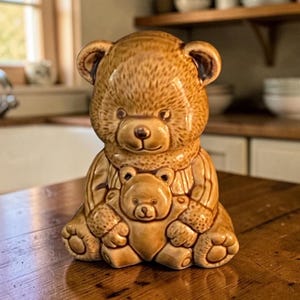 Tarro de miel de cerámica vintage con forma de osito de peluche y tapa con cabeza extraíble – Lindo tarro de almacenamiento con un osito bebé – Regalo de decoración de cocina coleccionable