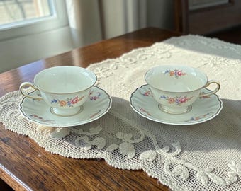 Set of 2 Vintage Rosenthal Regina Teacup and Saucer Duos | Antique German Bavarian Fine China | Gold Trim Floral Tea Set for Two