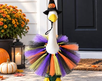Halloween Witch Goose Costume for 23 Inch Porch Goose, Pumpkin Hat & Tutu Outfit, Spooky Fall Outdoor Yard Decor