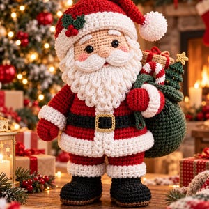May include: A crocheted Santa Claus figurine wearing a red suit with white trim, a black belt with a gold buckle, and black boots. The figure has a white beard, a red hat with a white pom-pom and holly, and carries a green sack with gifts.